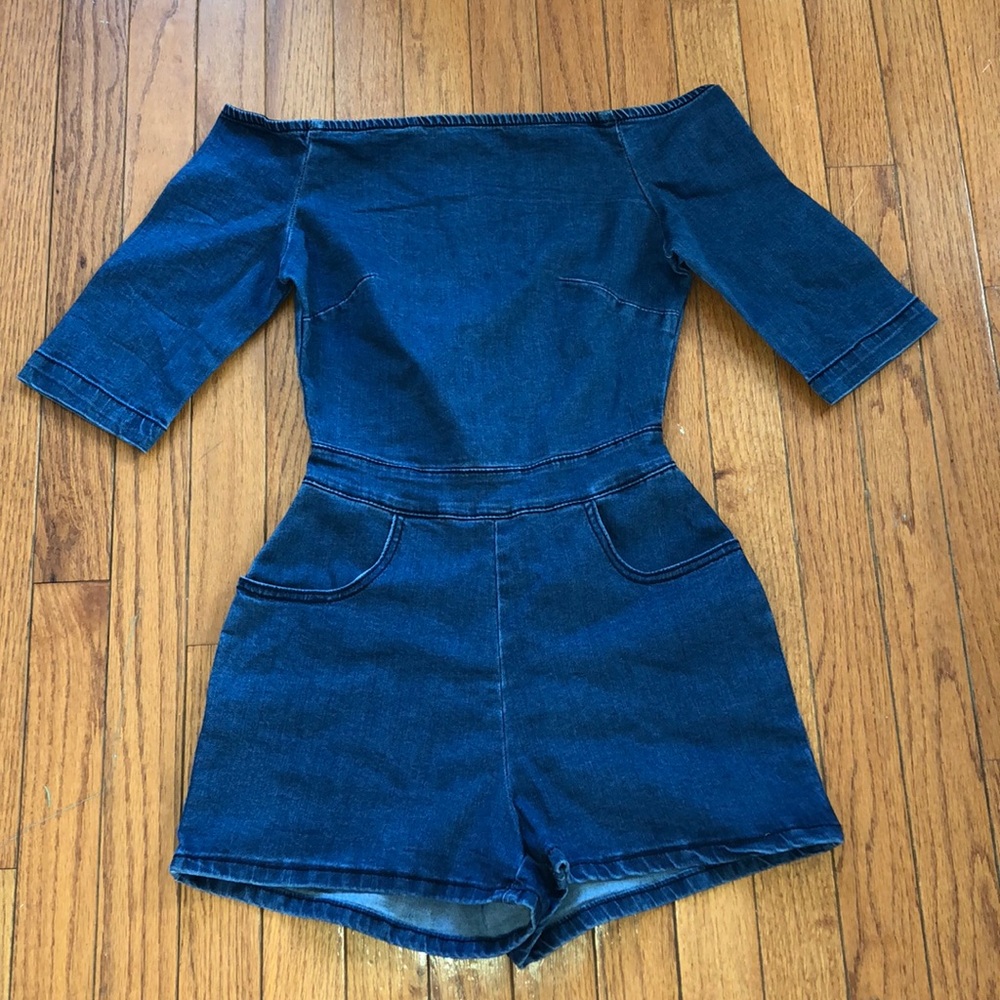 Boohoo Women’s Denim Off-Shoulder Playsuit